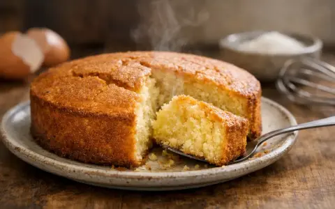 Un délicieux gâteau fait maison, probablement avec 4 œufs, dégage de la vapeur. Une part est coupée et prête à être dégustée.