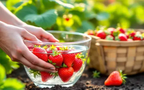 Mains mains plongent dans un bol d'eau pour rincer des fraises fraîchement cueillies. Un panier rempli de fraises est visible en arrière-plan.