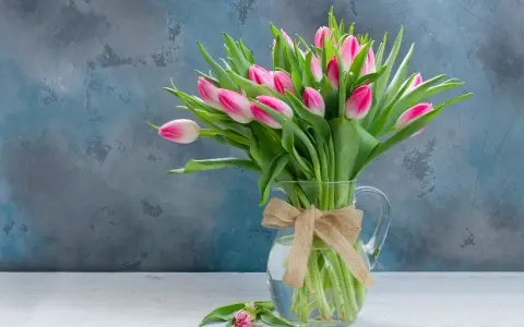Bukiet różowych tulipanów w dzbanku z jutową kokardą. Czy wiesz, że tulipan to symbol wiosny i miłości?