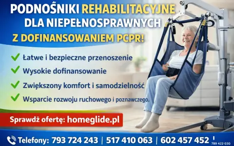 Podnośnik dla niepełnosprawnych z wysokim dofinansowaniem PCPR. Zapewnia komfort i wsparcie. Sprawdź homeglide.pl.