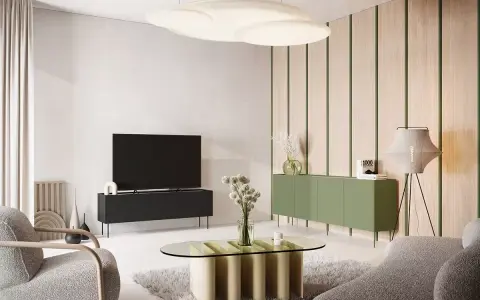 Nowoczesny salon z meblami w oliwkowym kolorze ścian. Wygodne fotele, szary dywan i szklany stolik tworzą przytulną atmosferę.