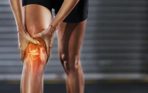 Sportlerin hält schmerzendes Knie, das rot leuchtet. Deutliche Knieschmerzen innenseite.
