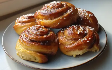 Färska kanelbullar med pärlsocker, redo att avnjutas. Ett perfekt kanelbullar recept för fikat.