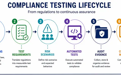 Compliance testing lifecycle: regulations, test requirements, risk scenarios, automated tests, audit evidence, and continuous monitoring. This process acts as a due diligence tool.