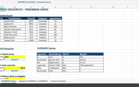 Excel-Tabelle zeigt XVERWEIS (XLOOKUP) mit Produktdatenbank und Beispielen. Suchbegriffe wie "1002" und "499 €" werden demonstriert.