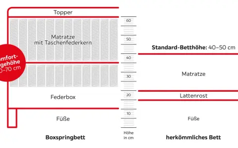 Unterschied Boxbett und Boxspringbett: Boxspringbetten mit Federbox und Topper bieten Komfortliegehöhe 60-70 cm. Herkömmliche Betten mit Lattenrost sind niedriger.