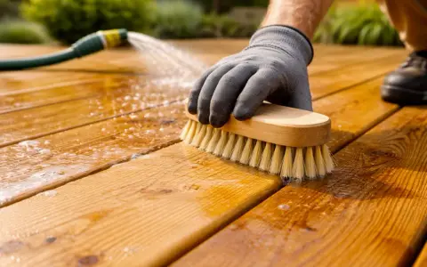 Main tenant avec une brosse et un tuyau d'arrosage pour apprendre comment degriser du bois.