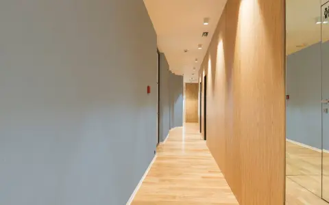 Couloir moderne avec un mur bleu texturé, un mur en bois clair et un sol en parquet. Le mur de gauche, en fibre de verre, est d'un bleu doux.