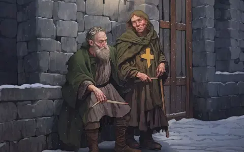 Dwóch zmarzniętych pielgrzymów, symbolizujących kartę 5 pentakli, siedzi przy kamiennym murze w śnieżny dzień, szukając schronienia.