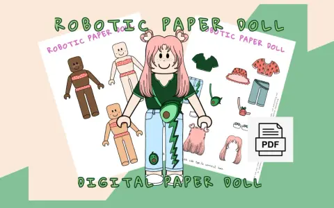 Ilustracja przedstawia cyfrowe papierowe lalki w stylu Roblox z ubraniami i akcesoriami do druku.
