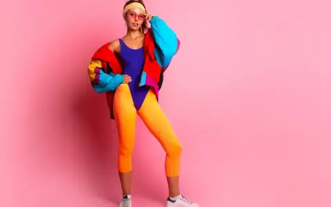 Dziewczyna w neonowym stroju kąpielowym, pomarańczowych legginsach i kolorowej kurtce, z opaską na włosach i okularami. Styl y2k w pełnej krasie!