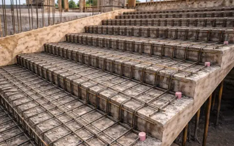 Gotowe do zalania betonem zbrojenie schodów, tworzące solidną konstrukcję. Stalowe pręty ułożone w siatkę zapewnią wytrzymałość.