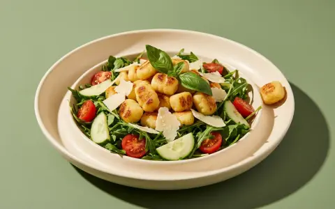 Luftiger Gnocchi Salat mit Kirschtomaten, Gurke, Rucola und Parmesan. Perfekt aus der Heißluftfritteuse!