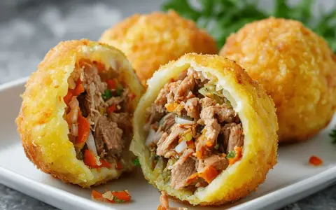 Crujientes patatas rellenas de carne deshebrada y verduras, un bocado delicioso y casero.