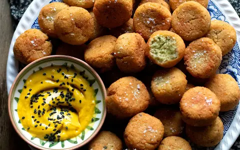 Falafel ricetta originale: croccanti palline dorate, una con un morso rivela il verde interno, accompagnate da una salsa gialla con semi di sesamo nero.
