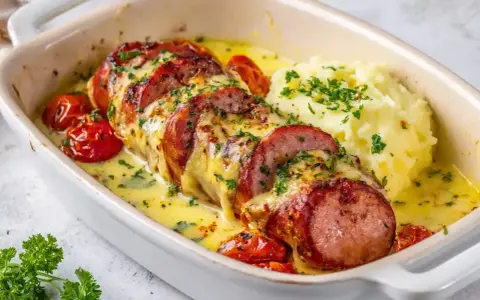 En saftig falukorv i ugn, gratinerad med ost och serverad med krämigt potatismos och körsbärstomater. En klassisk svensk rätt som värmer själen.