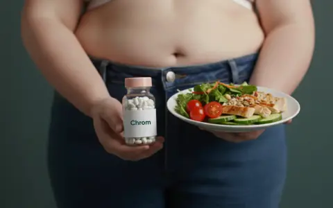 Person hält Flasche mit Chrom-Pillen und einen Teller mit Hähnchensalat. Die Chrom-Wirkung wird hier angedeutet.