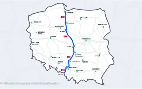 Mapa Polski z zaznaczoną autostradą A1. Pokazuje, czym się różni autostrada od drogi ekspresowej, łącząc główne miasta.