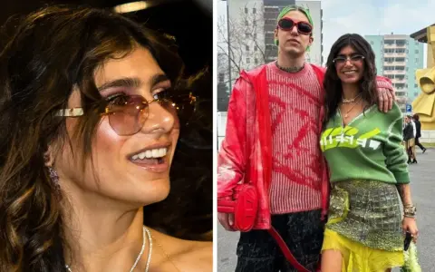 Zabson i Mia Khalifa pozują razem, oboje w modnych, kolorowych stylizacjach.