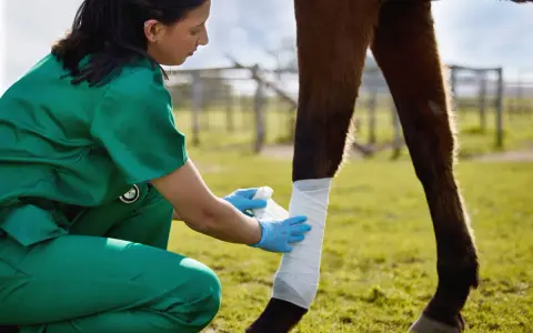 Vétérinaire appliquant un pansement sur une plaie de cheval. Le miel est un remède naturel pour les plaies.