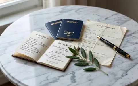 Livret de famille, passeports français et acte de naissance sur une table en marbre, évoquant l'état civil belge. Un stylo plume et une branche d'olivier complètent la scène.