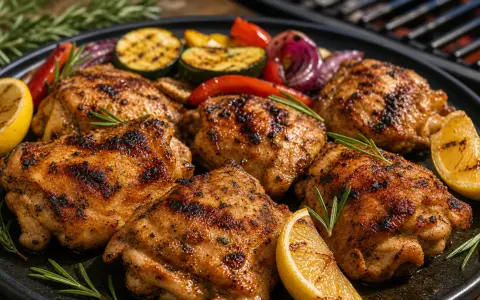 Saftiges gegrilltes Hähnchen mit Gemüse und Zitrone. Die pollo fino kerntemperatur ist perfekt getroffen für ein zartes Ergebnis.