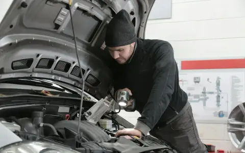 Mechanik z latarką bada silnik 1.6 TDI.