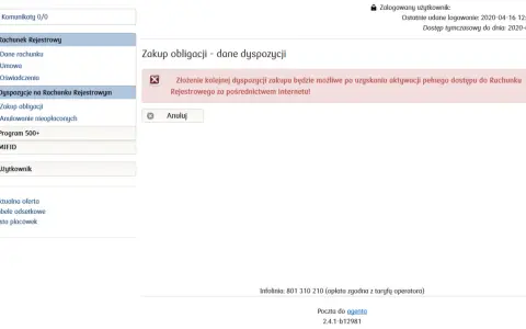 Interfejs bankowości internetowej mBank z menu po lewej i komunikatem o braku dostępu do zakupu obligacji.