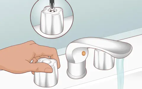 Illustration showing how to fix a dripping bathtub faucet. A hand removes a handle, while a close-up shows a screwdriver removing a screw from another handle.