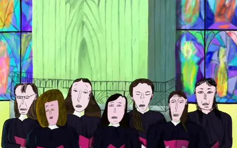 Coro di voci in una chiesa con vetrate colorate. Un'immagine che potrebbe far parte dei migliori cortometraggi animati.