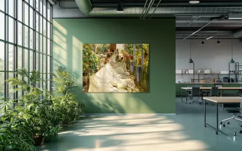 Pintura de un grupo de personas cosiendo la vela de un barco en un día soleado, rodeados de flores y vegetación.