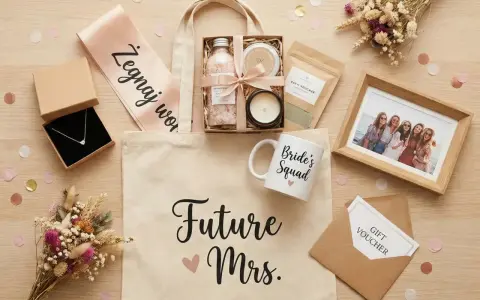 Inspiracje jak przygotować boxy prezentowe dla świadków i rodziców: torba z napisem "Future Mrs.", naszyjnik, kosmetyki, świeca, zdjęcie, voucher.