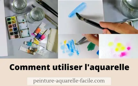 Matériel d'aquarelle : palette, tubes de peinture, pinceaux, eau. Démonstration de techniques de peinture style aquarelle.
