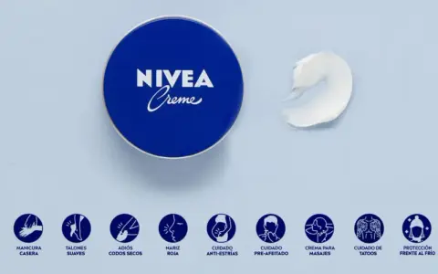 La crema Nivea es buena para la cara y para múltiples usos, como se muestra en los iconos: cuidado de la piel, masajes, protección y más.