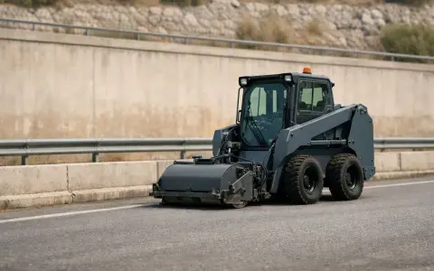 Macchina operatrice compatta, grigia, con rullo frontale, si muove su strada asfaltata. Le macchine operatrici, anche a bassa velocità, sono essenziali per lavori stradali.