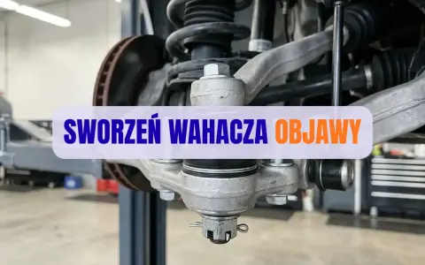 Widok na zawieszenie samochodu z widocznym sworzniem wahacza. Wymiana sworznia wahacza może być konieczna, gdy pojawią się niepokojące objawy.
