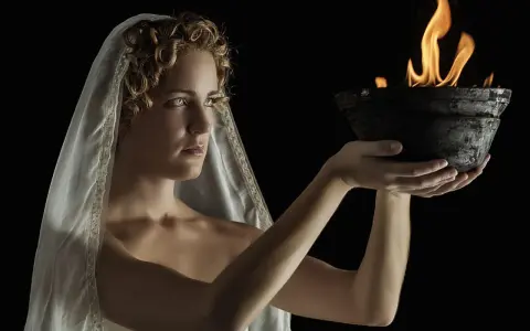A woman with curly hair and a veil, embodying Hestia goddess, holds a bowl with a sacred flame.