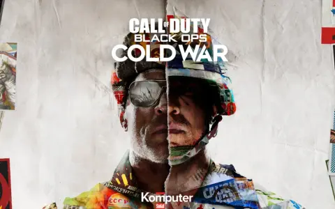 Plakat gry Call of Duty Cold War. Dwóch żołnierzy, jeden w hełmie, drugi w okularach przeciwsłonecznych, z elementami propagandy z epoki.