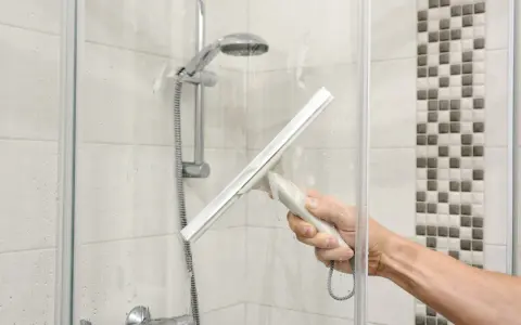 Hand mit Abzieher reinigt Duschkabine. Wasserflecken und Seifenschaum werden entfernt, um die Dusche zu putzen.