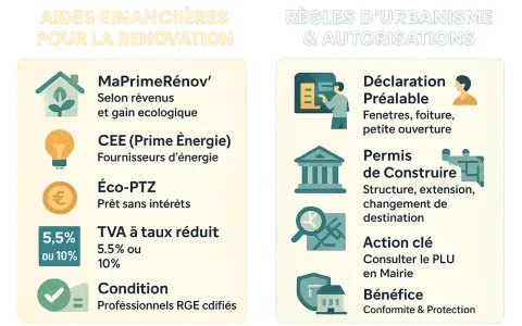 Aide rénovation maison ancienne : MaPrimeRénov', CEE, Éco-PTZ, TVA réduite. Règles d'urbanisme : Déclaration préalable, Permis de construire.