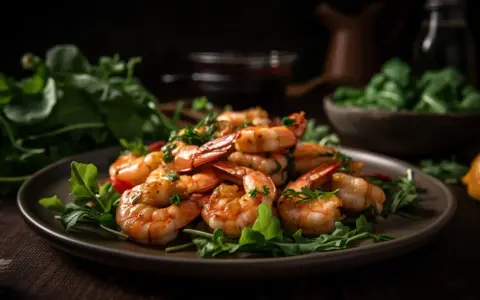 Gambas jugosas y doradas servidas con rúcula fresca y limón.