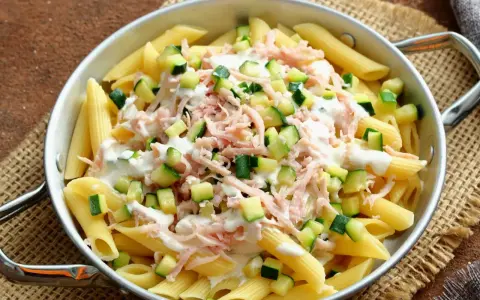 Penne z cukinią, szynką i kremowym sosem. Pyszne danie, które zachwyci każdego miłośnika makaronu.