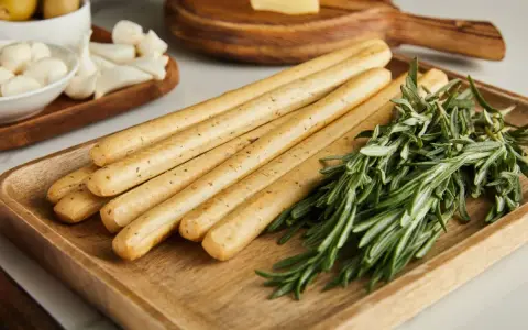 Grissini fatti in casa dorati e croccanti, profumati al rosmarino, pronti per essere gustati con formaggio e olive.