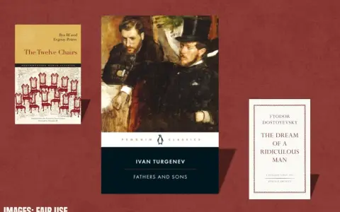 Okładki książek: "The Twelve Chairs", "Ojcowie i synowie" Iwana Turgieniewa, "Sen śmiesznego człowieka" Dostojewskiego.