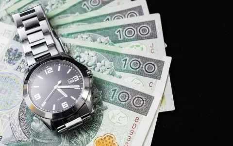 Zegarek na stosie banknotów 100 zł. Czas to pieniądz, a ten schemat zachowań kompulsywnych pokazuje, jak łatwo można stracić kontrolę nad finansami.