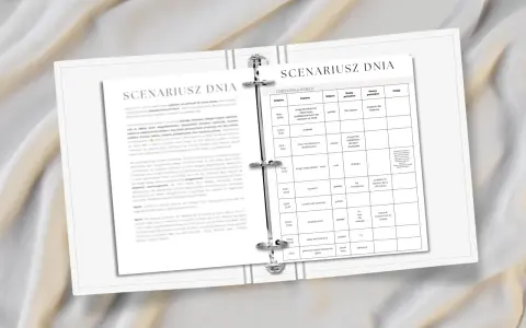 Scenariusz dnia ślubu: jak przygotować harmonogram dnia od przygotowań do oczepin. Tabela zawiera godziny, zadania, miejsce, osoby i rzeczy potrzebne.