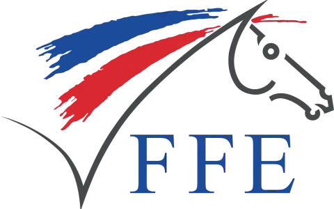 Logo de la fédération d'équitation : un cheval stylisé aux couleurs de la France, avec les lettres FFE.
