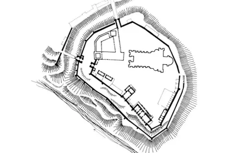 Plan zamku w Płocku, ukazujący jego obronne mury i zabudowania. To jedna z kluczowych płockich atrakcji historycznych.