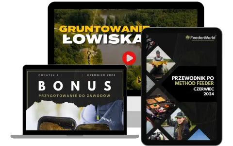 Trzy ekrany z grafikami wędkarskimi: laptop, tablet i monitor z widokiem na łowisko.