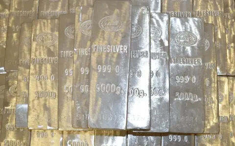 Sztabki czystego srebra, każda o wadze 5000g. Cena skupu srebra jest zmienna, ale widok tych sztabek budzi zainteresowanie inwestorów.